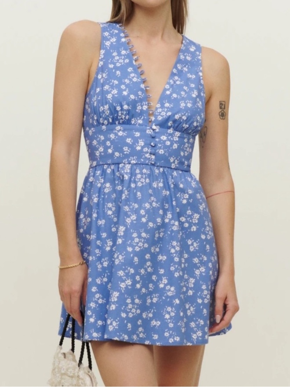 Reformation Isador Organic Cotton Blue Floral V-Neck Mini Dress Women’s Size 2